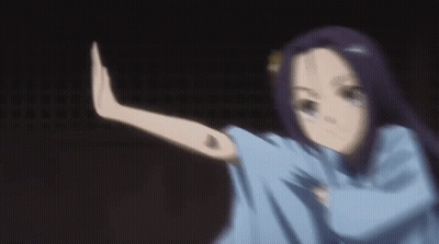 Blurry Girl With Purple Hair And Blue Shirt Making Hand Gesture GIF