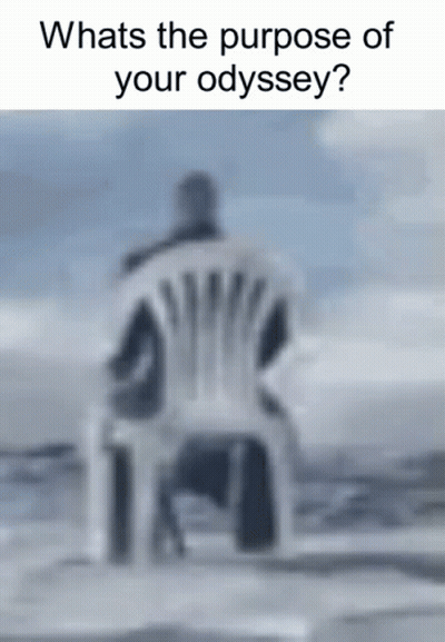 Blurry Person Sitting In Chair Saying Whats The Purpose Of Your Odyssey GIF