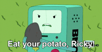Bmo From Adventure Time Is Holding A Potato And Says " Eat Your Potato Ricky " GIF