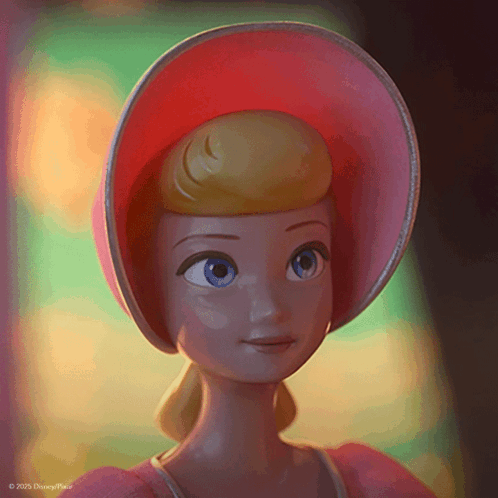 Bo Peep From Toy Story Wearing A Pink Hat And Earrings GIF