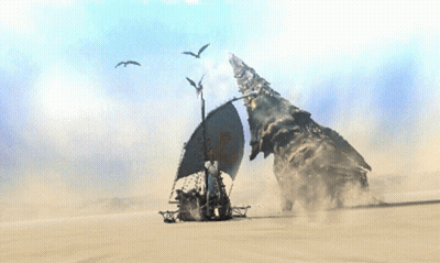 Boat In Desert With Birds Flying GIF