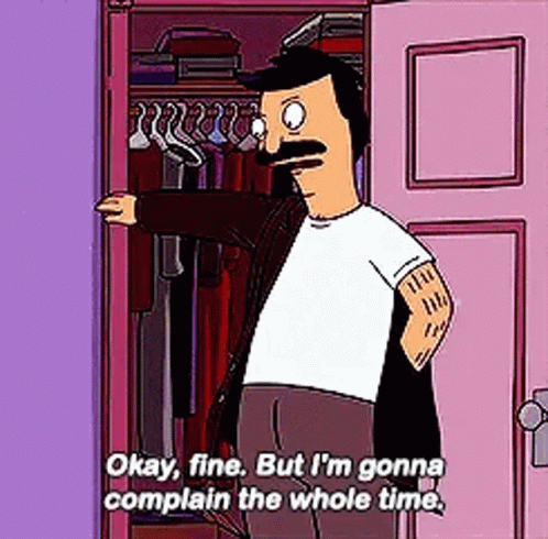 Bob Ross From Bob 'S Burgers Is Standing In Front Of A Closet With Clothes Hanging On It . GIF