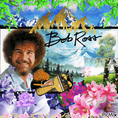 Bob Ross Painting Flowers And Mountains GIF