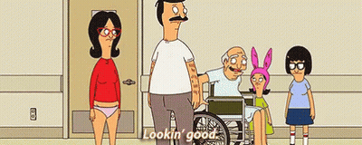Bob 'S Burgers Characters Are Standing In A Hallway With A Man In A Wheelchair And A Woman In Underwear . GIF
