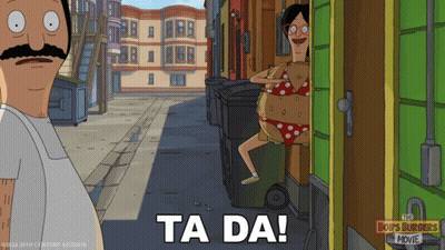 Bob's Burgers Movie Poster Woman In Bikini Saying Ta Da GIF