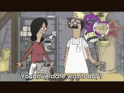 Bob 'S Burgers Shows A Man And A Woman Standing Next To Each Other With Balloons In The Background That Say Over The Hil GIF