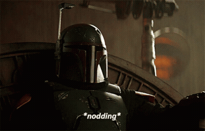 Boba Fett Is Wearing A Helmet With The Word Nodding Written On It GIF