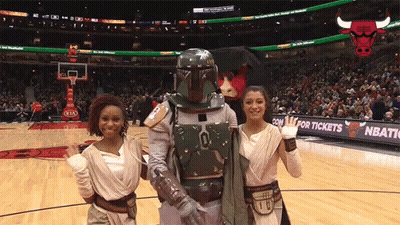 Boba Fett With Two Cheerleaders On Basketball Court GIF