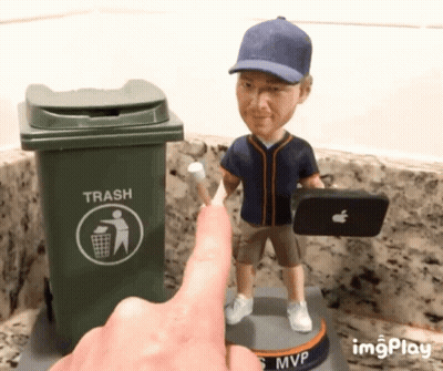 Bobble Head Man Holding Apple Laptop Next To Trash Bin GIF