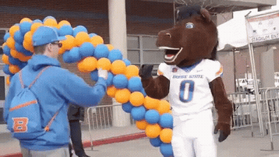 Boise State Mascot Holding Balloons At Stadium GIF