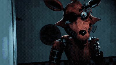 Bonnie The Bunny From Five Nights At Freddy's Standing In Front Of Red Curtain And Poster GIF