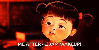 Boo From Monsters Inc Is Making A Funny Face And Saying `` Me After 4:30 Am Wake Up ! '' GIF