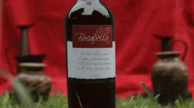Bottle Of Bocabella In Grass With Two Vases GIF