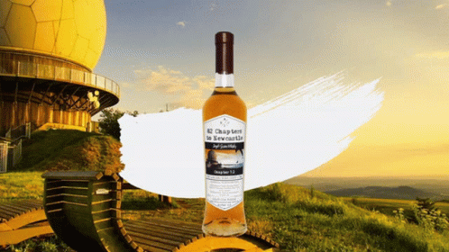 Bottle Of Chapter Ten In Front Of Yellow Building GIF