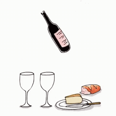 Bottle Of Wine With Two Glasses Cheese And Plate Of Food GIF