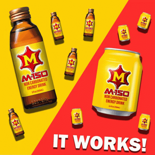 Bottles And Cans Of M-150 Non Carbonated Energy Drink On Red And Yellow Background GIF