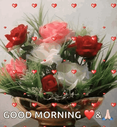 Bouquet Flowers Vase Hearts Good Morning & GIF