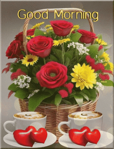 Bouquet In Basket And Two Coffee Cups With Hearts GIF