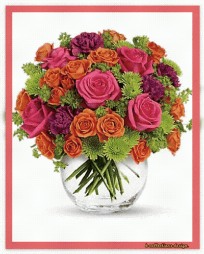 Bouquet Of Flowers In Glass Vase With Red Frame GIF