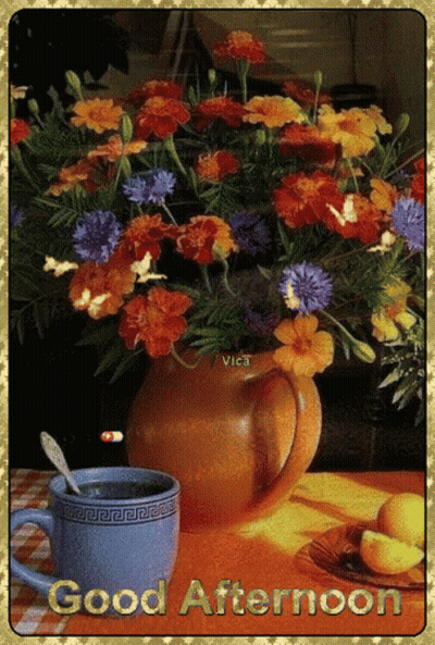 Bouquet Of Flowers In Vase Saying Good Afternoon GIF