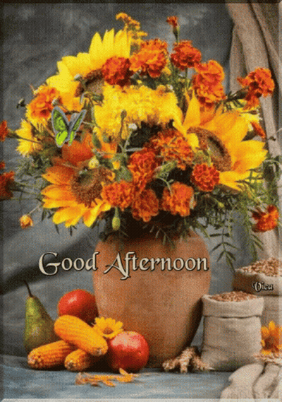 Bouquet Of Flowers In Vase Saying Good Afternoon GIF