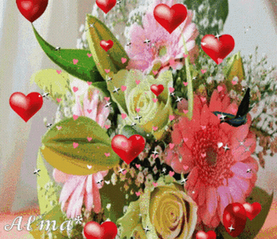 Bouquet Of Flowers With Red Hearts And Name Alma GIF