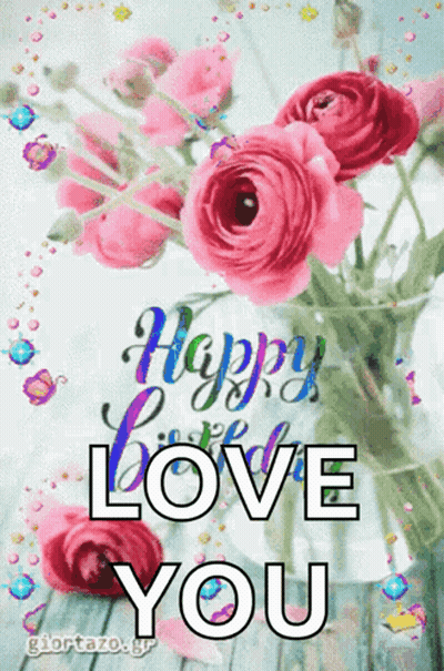 Bouquet Of Pink Roses Happy Birthday Love GIF