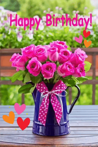 Bouquet Of Pink Roses In Blue Pitcher Happy Birthday GIF
