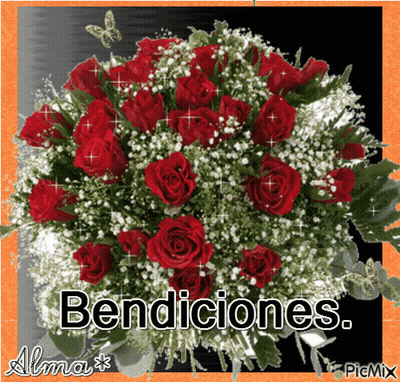 Bouquet Of Red Roses And Baby's Breath Saying Bendiciones GIF