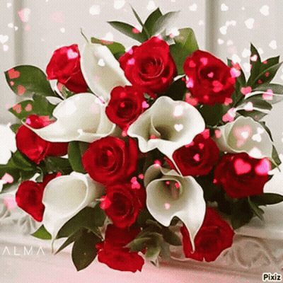 Bouquet Of Red Roses And White Lilies With Flying Hearts GIF