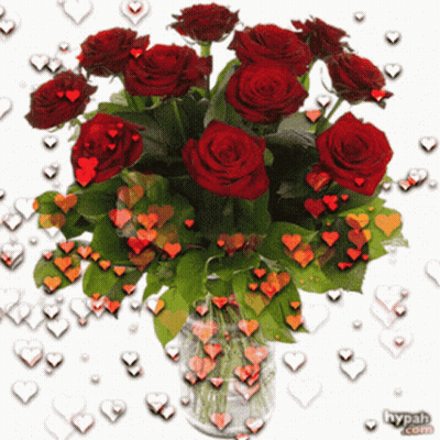 Bouquet Of Red Roses In Vase With Hearts GIF
