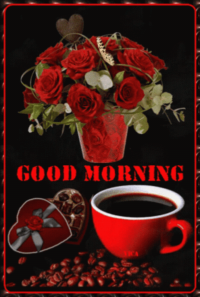Bouquet Of Red Roses Next To Coffee And Heart Gift Box GIF