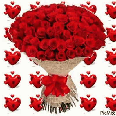 Bouquet Of Red Roses Surrounded By Hearts GIF