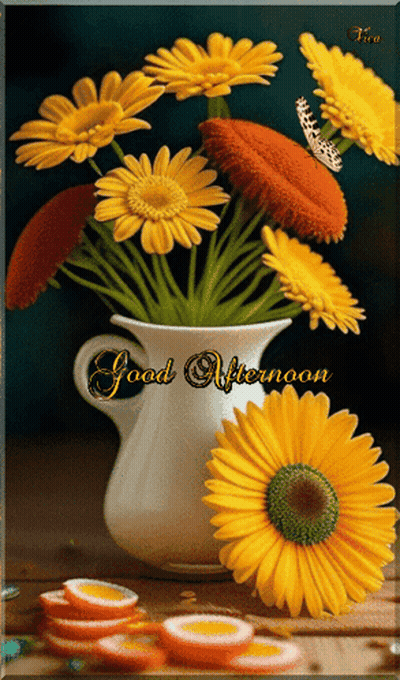 Bouquet Of Yellow Daisies In White Vase Saying Good Afternoon GIF
