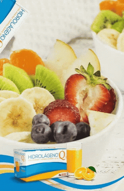 Bowl Of Fruit Next To Box Of Hidrolageno GIF