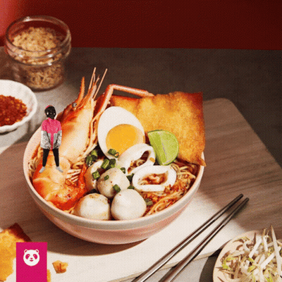 Bowl Of Noodles With Shrimp Eggs And Meatballs GIF