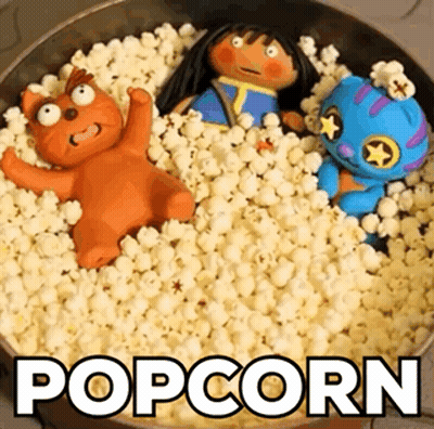 Bowl Of Popcorn With Stuffed Animals Saying Popcorn GIF