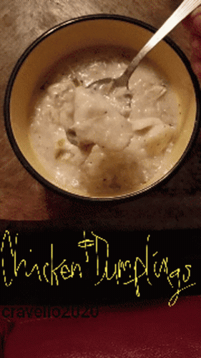 Bowl Of Soup With Spoon Saying Chicken Dumplings GIF
