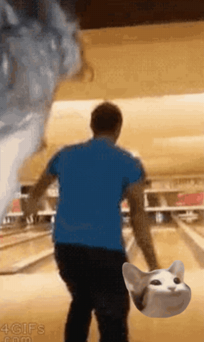 Bowling Alley Man In Blue Shirt With Cat GIF
