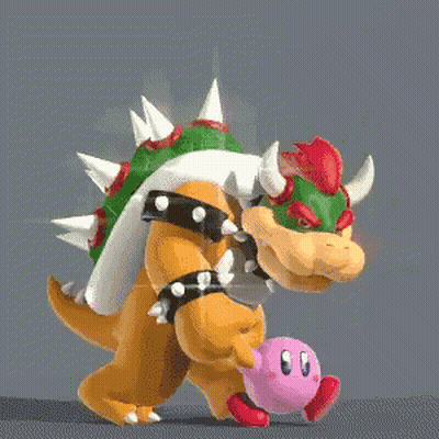 Bowser And Kirby Are Standing Next To Each Other On A Gray Surface . GIF
