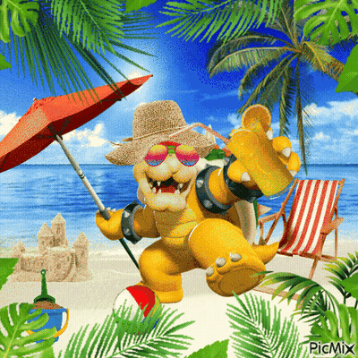 Bowser Holding Umbrella And Drink On Beach GIF