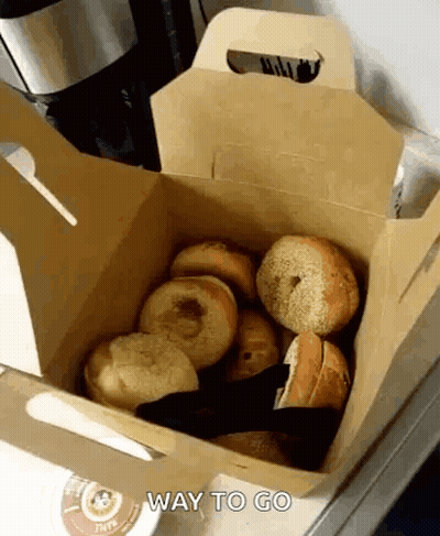 Box Of Bagels With Tongs Saying Way To Go GIF