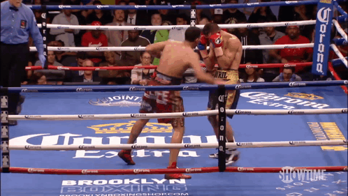 Boxers Fighting In Ring With Corona Ads GIF