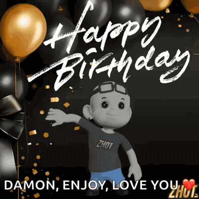 Boy And Dog Holding Balloons Birthday Card GIF