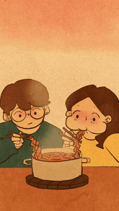 Boy And Girl Eating Noodles With Chopsticks GIF