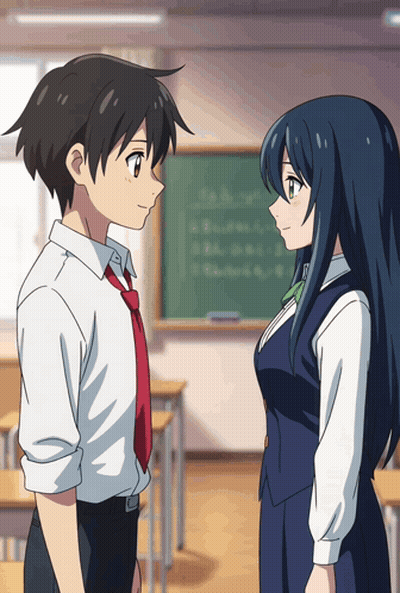 Boy And Girl Facing Each Other Blackboard GIF
