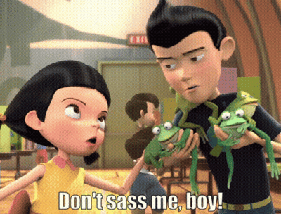 Boy And Girl Holding Frogs Saying Don't Sass Me Boy GIF
