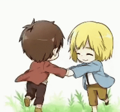 Boy And Girl Holding Hands Walking In Grass GIF