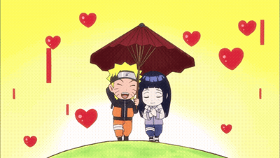 Boy And Girl Holding Umbrella Surrounded By Hearts GIF