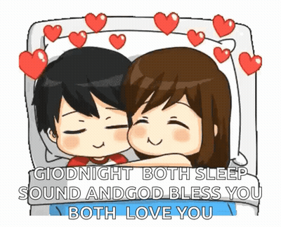 Boy And Girl Hugging In Bed With Hearts GIF